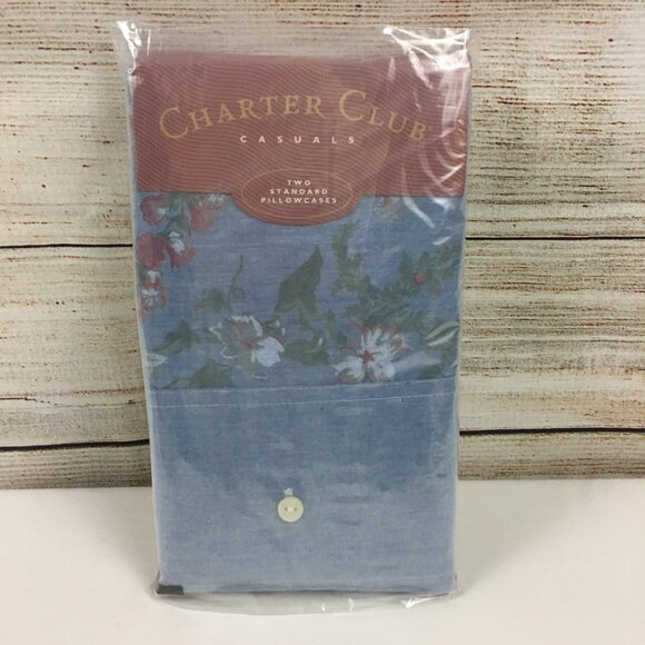 VTG Charter Club Two Standard Pillowcases "Emily" Chambray Floral - Picture 1 of 6